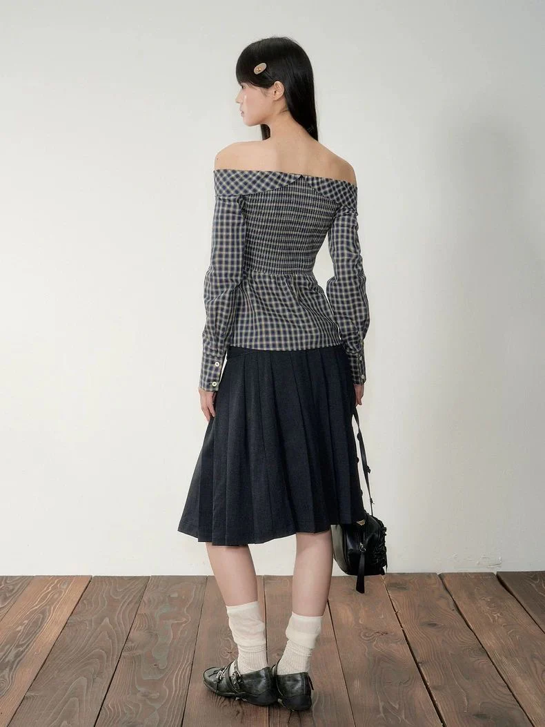Navy Off-Shoulder Korean-Style Waist-Defined Slimming Plaid Shirt Dress - Image 4