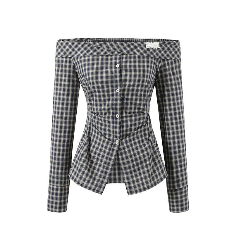 Navy Off-Shoulder Korean-Style Waist-Defined Slimming Plaid Shirt Dress - Image 5