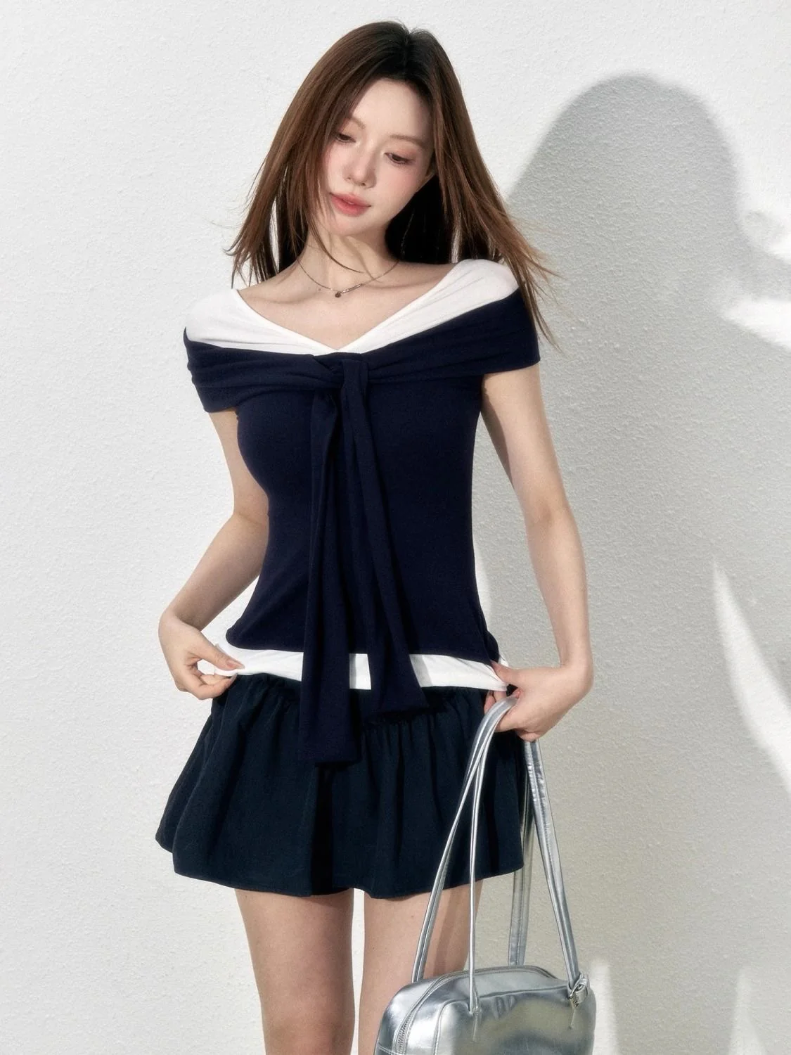 Nautical Off-the-Shoulder Wrap Top - Navy & White Contrast Slim Fit Short Sleeve Tee - Preppy Coastal Chic Sailor Aesthetic - INNA Exclusive - Image 2