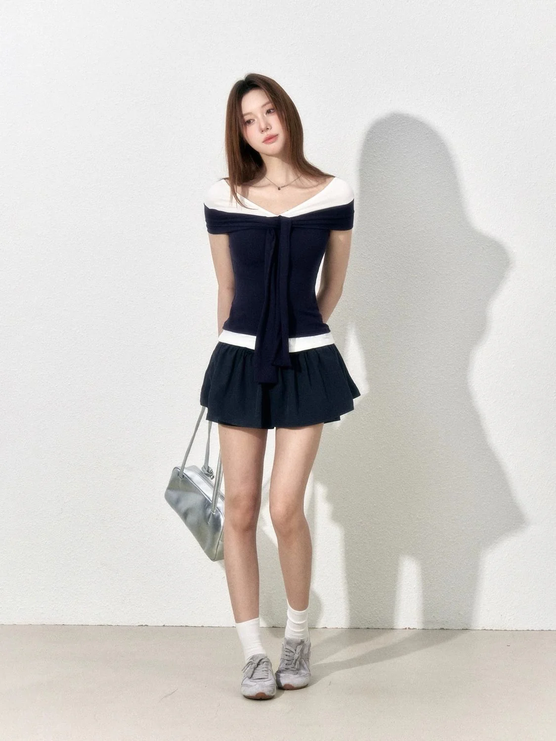 Nautical Off-the-Shoulder Wrap Top - Navy & White Contrast Slim Fit Short Sleeve Tee - Preppy Coastal Chic Sailor Aesthetic - INNA Exclusive - Image 4