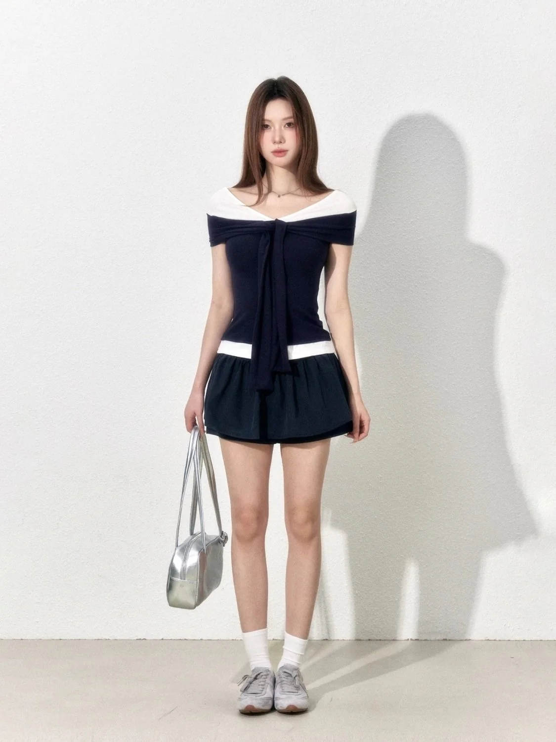 Nautical Off-the-Shoulder Wrap Top - Navy & White Contrast Slim Fit Short Sleeve Tee - Preppy Coastal Chic Sailor Aesthetic - INNA Exclusive - Image 5