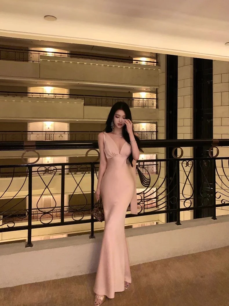 Nude Elegance Deep-V Maxi Gown - Image 2