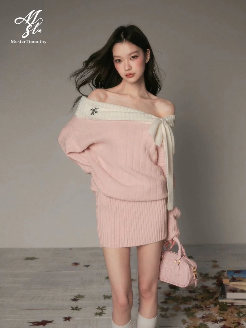 Off-Shoulder Bow Knit Sweater Dress - Image 2
