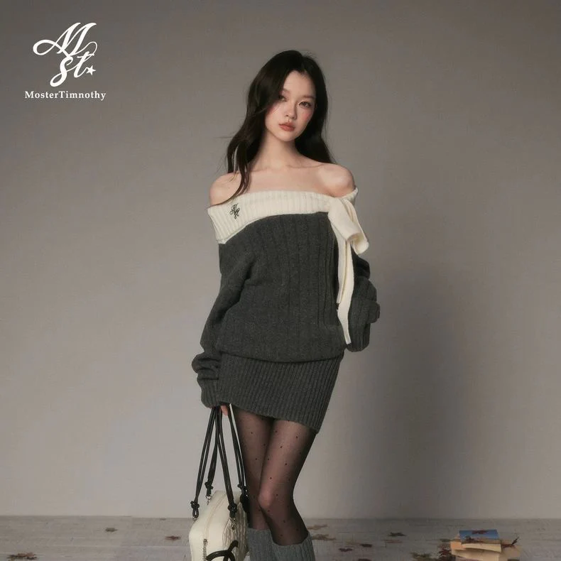 Off-Shoulder Bow Knit Sweater Dress - Image 6