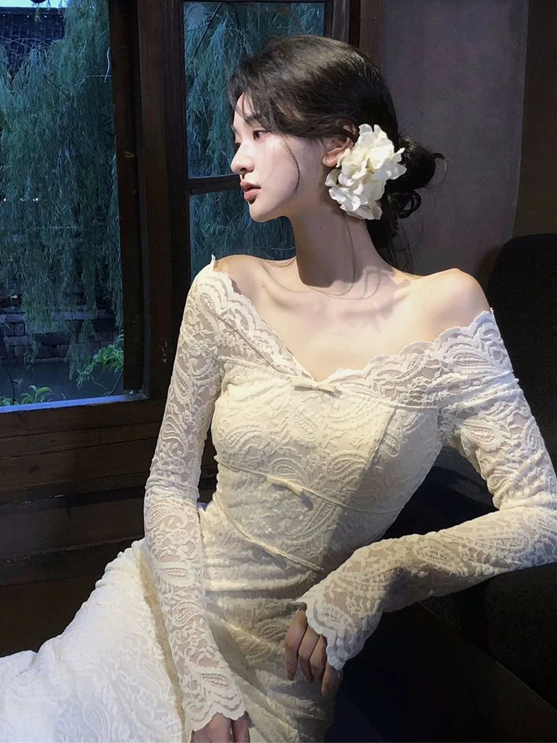 Off-Shoulder Lace Long Sleeve Maxi Dress - Image 5