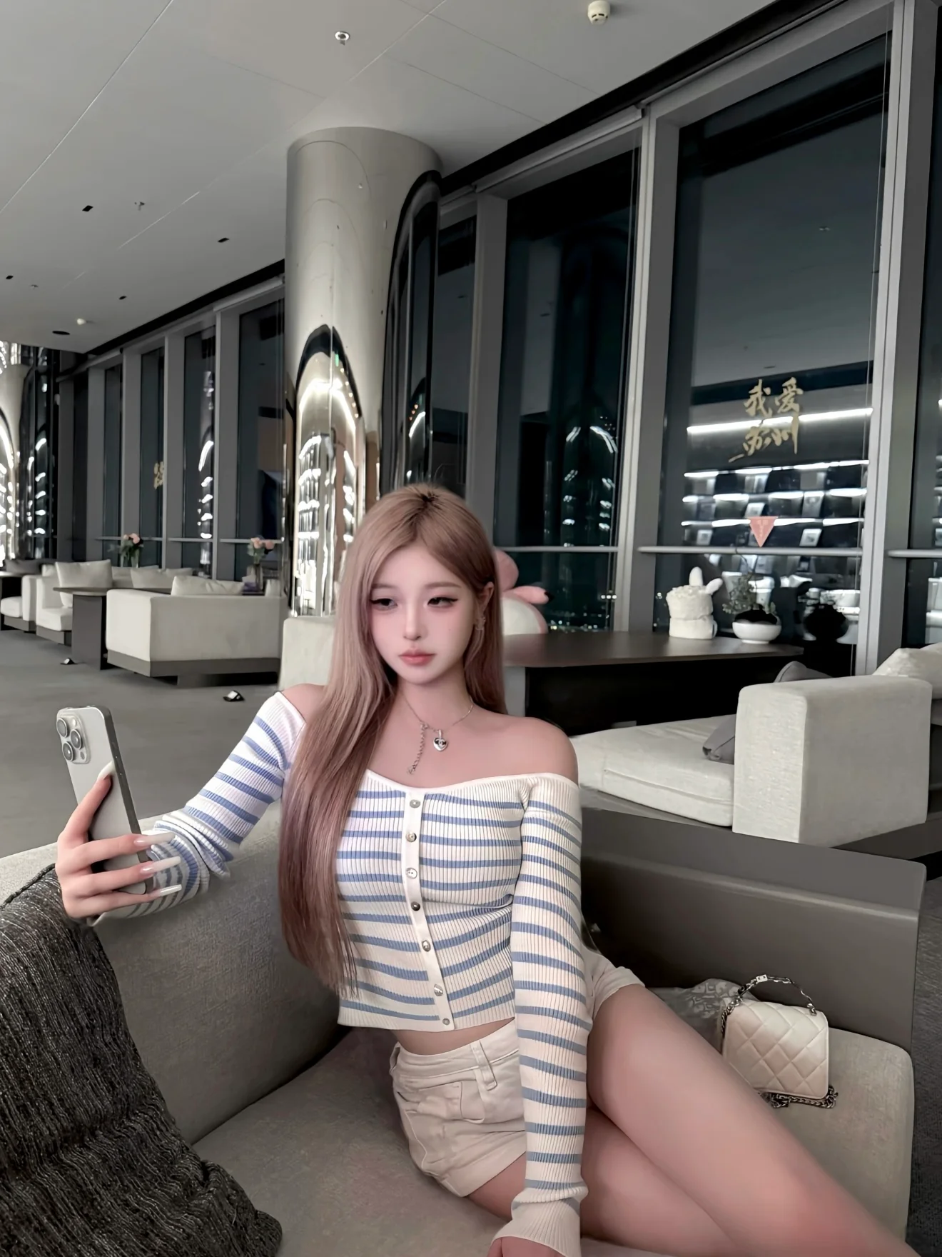 Off-Shoulder Striped Ribbed Knit Top – Baby Blue - Image 3