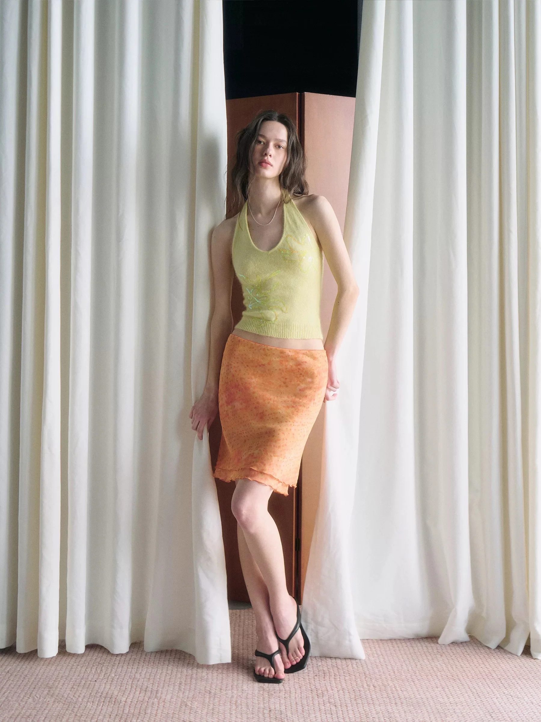 Orange Floral Low-Rise A-Line Midi Skirt | Slim Fit & Semi-Sheer - Image 5