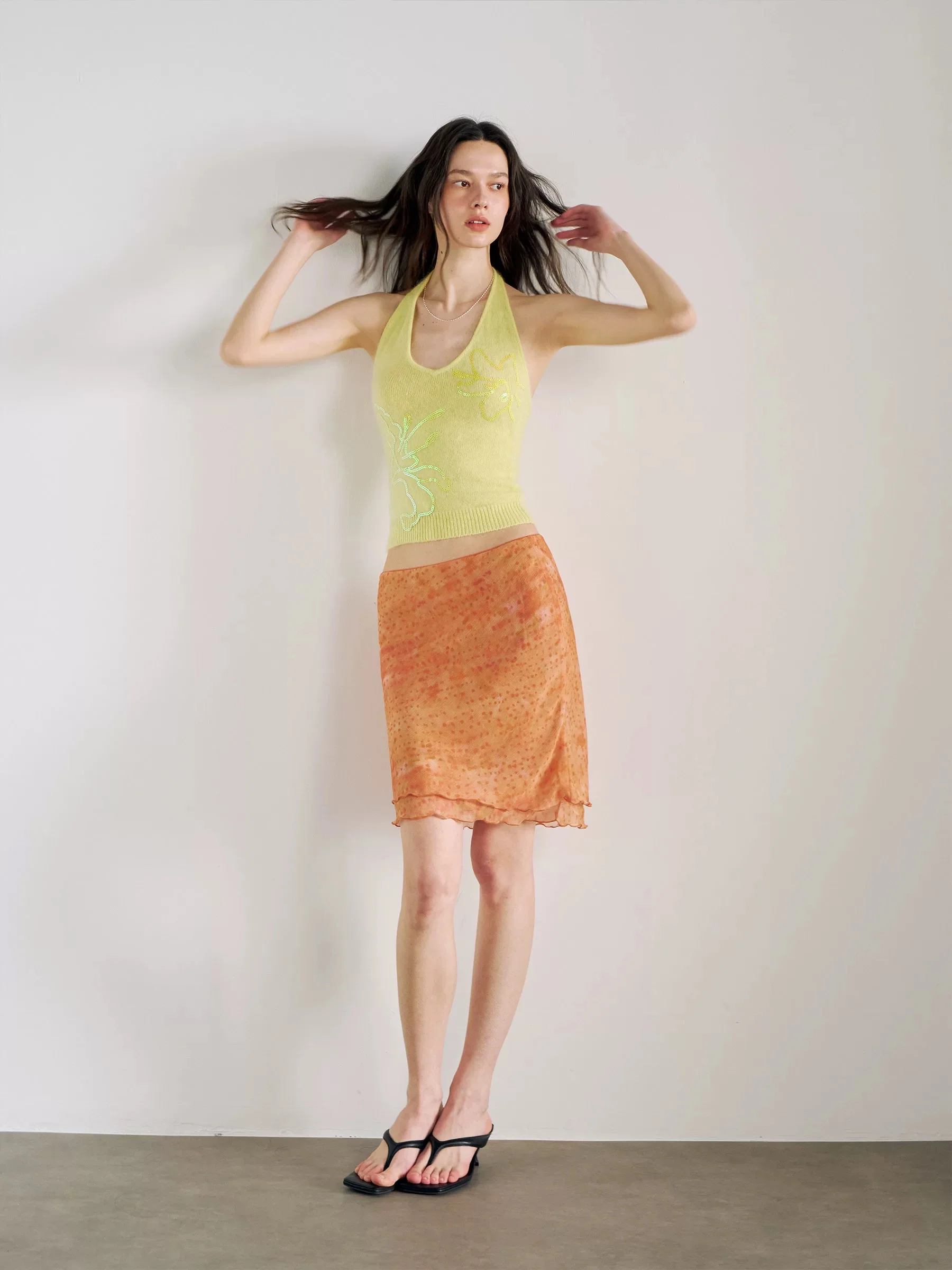 Orange Floral Low-Rise A-Line Midi Skirt | Slim Fit & Semi-Sheer - Image 6