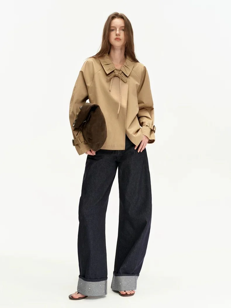 Original Cropped Trench Coat | Design Bow-Tie Khaki Jacket - Image 3
