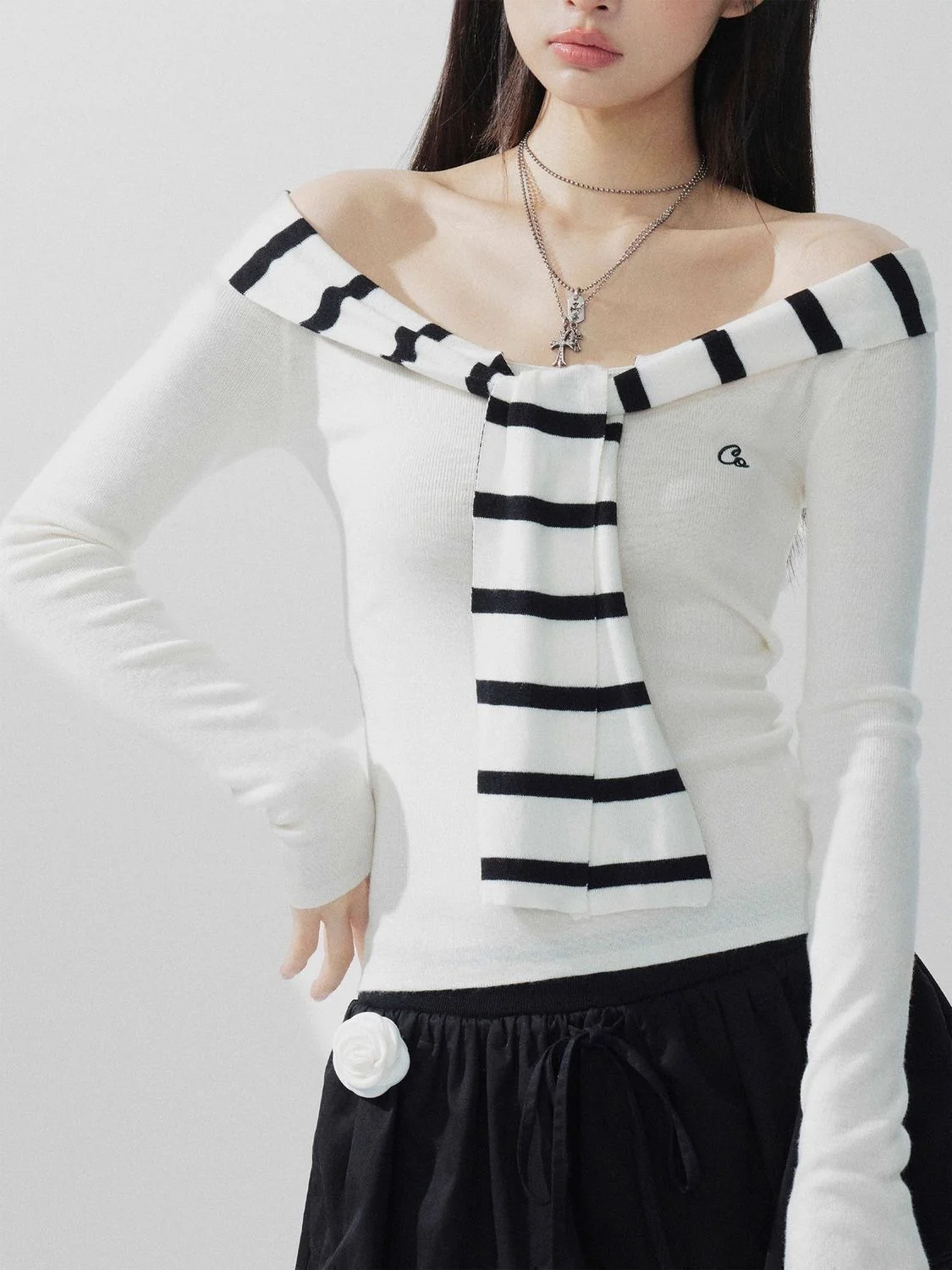 Paris Stripe Off-Shoulder Knit Top - Image 3