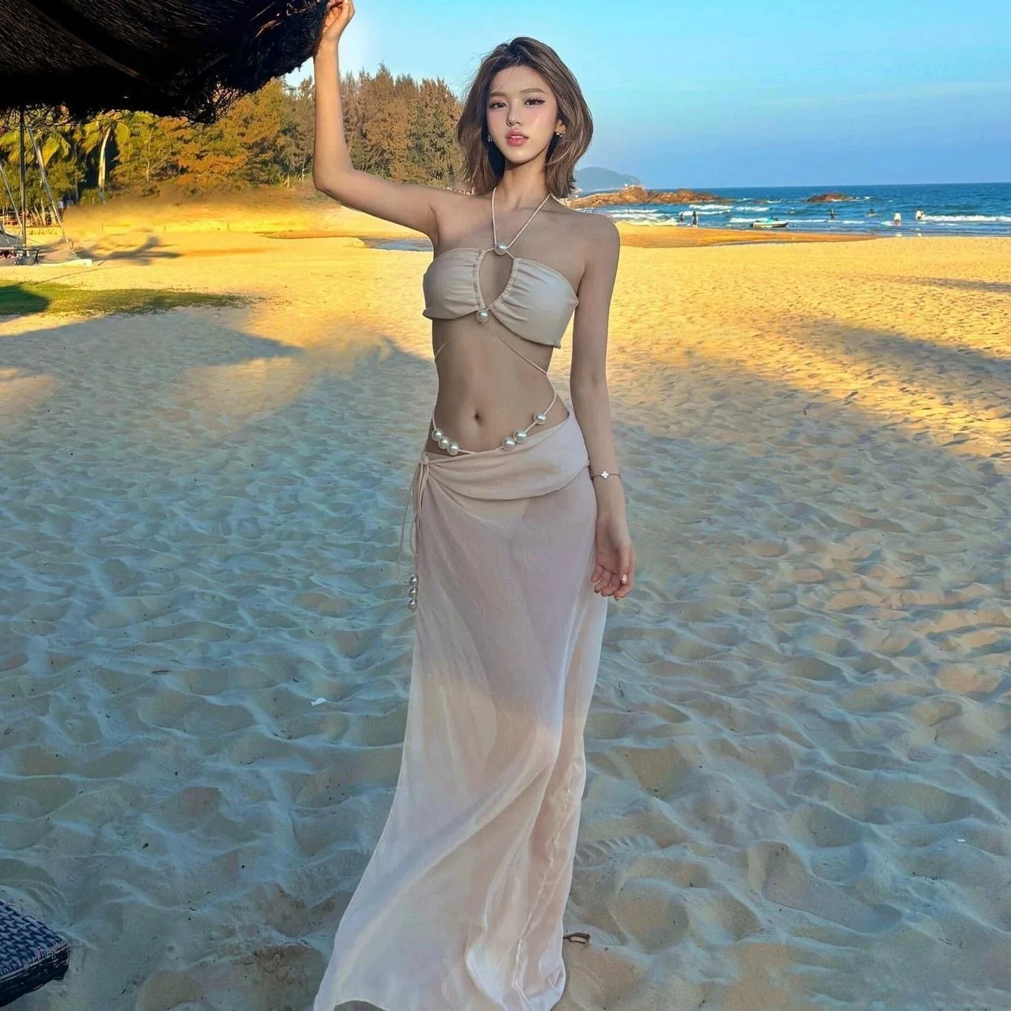 Pearl Strap Tube Bikini & Sheer Maxi Skirt Set – 3 Piece Elegant Resort Outfit - Image 5