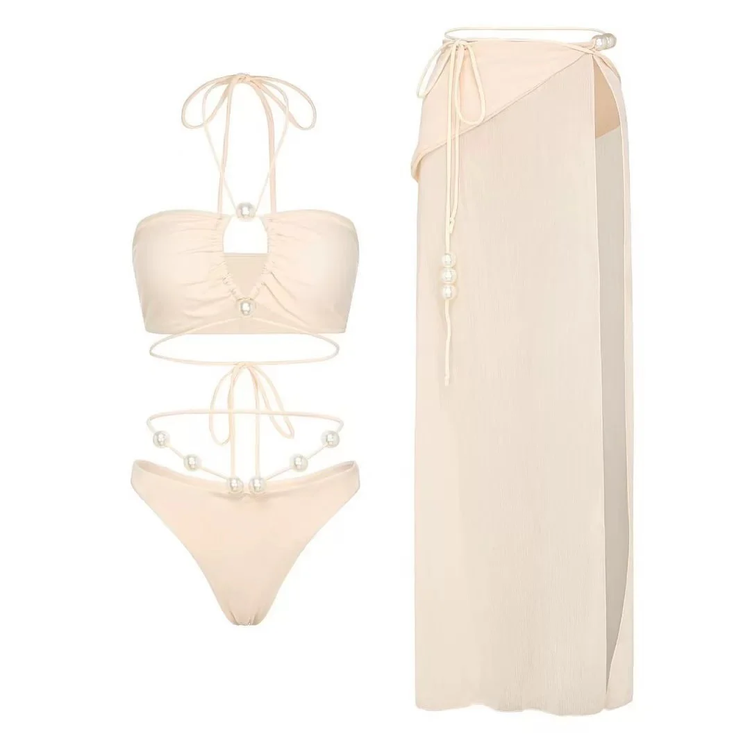 Pearl Strap Tube Bikini & Sheer Maxi Skirt Set – 3 Piece Elegant Resort Outfit - Image 6