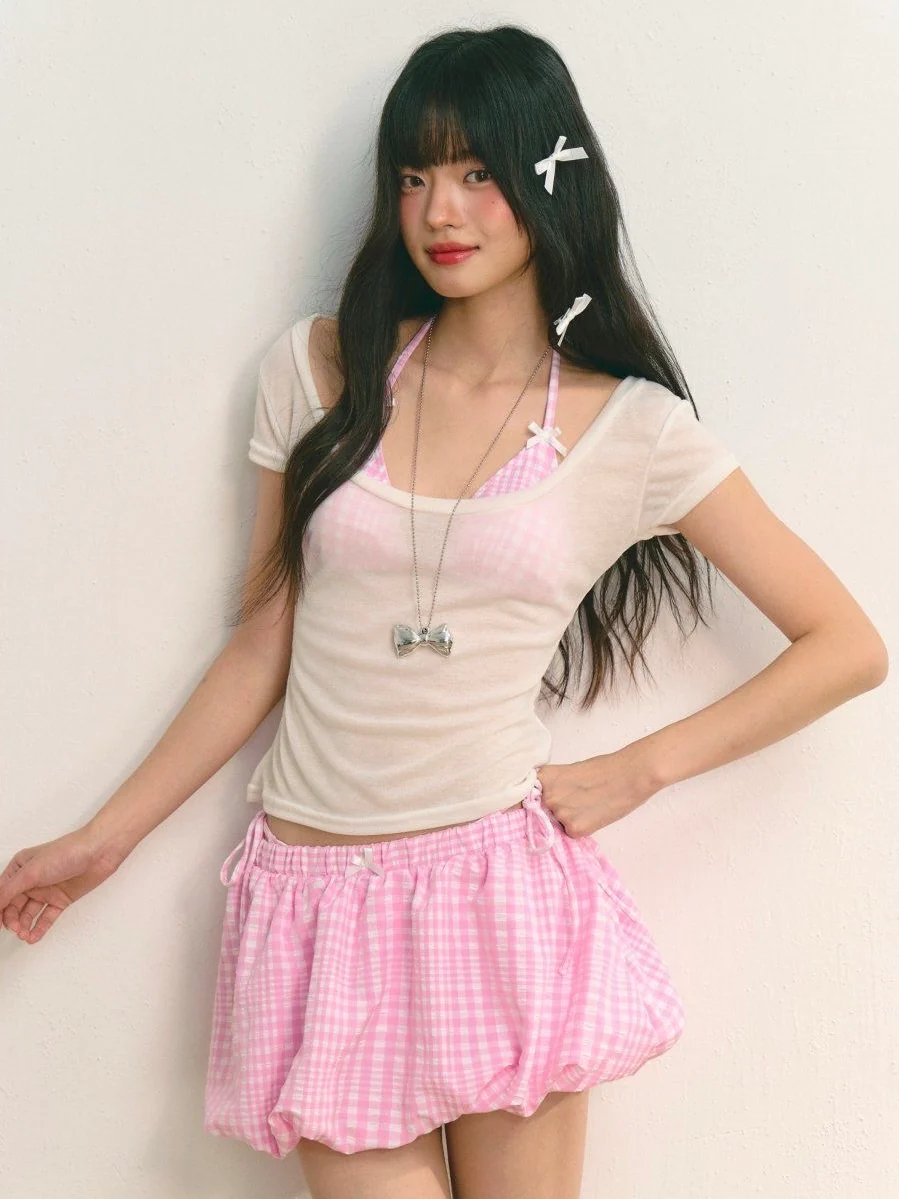 Pink Gingham Bikini & Puff Skirt Set - Image 4