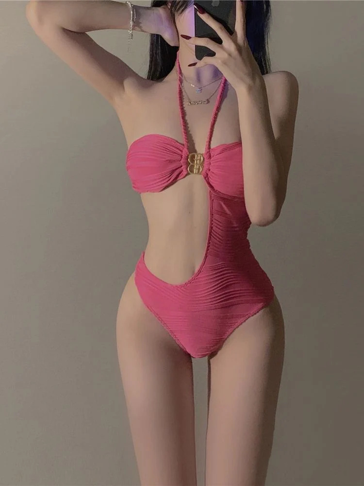 Pink Irregular One-Piece Bikini - Image 4