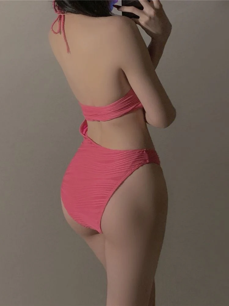 Pink Irregular One-Piece Bikini - Image 5