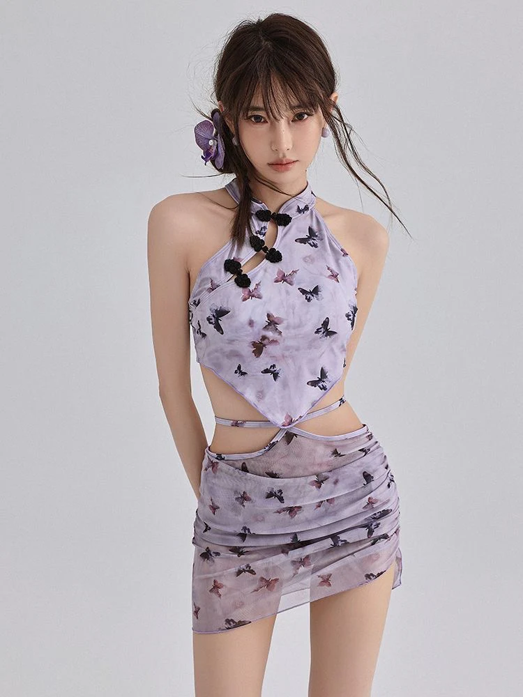 Violet Cheongsam-Style Butterfly Bikini Three-Piece Set