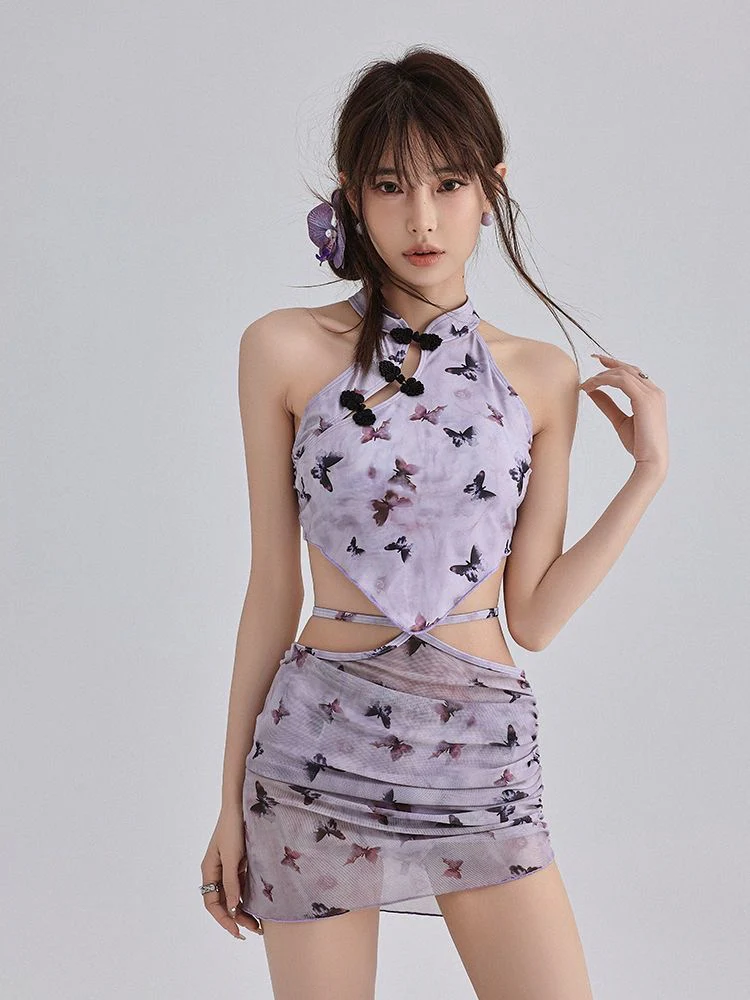 Violet Cheongsam-Style Butterfly Bikini Three-Piece Set - Image 3