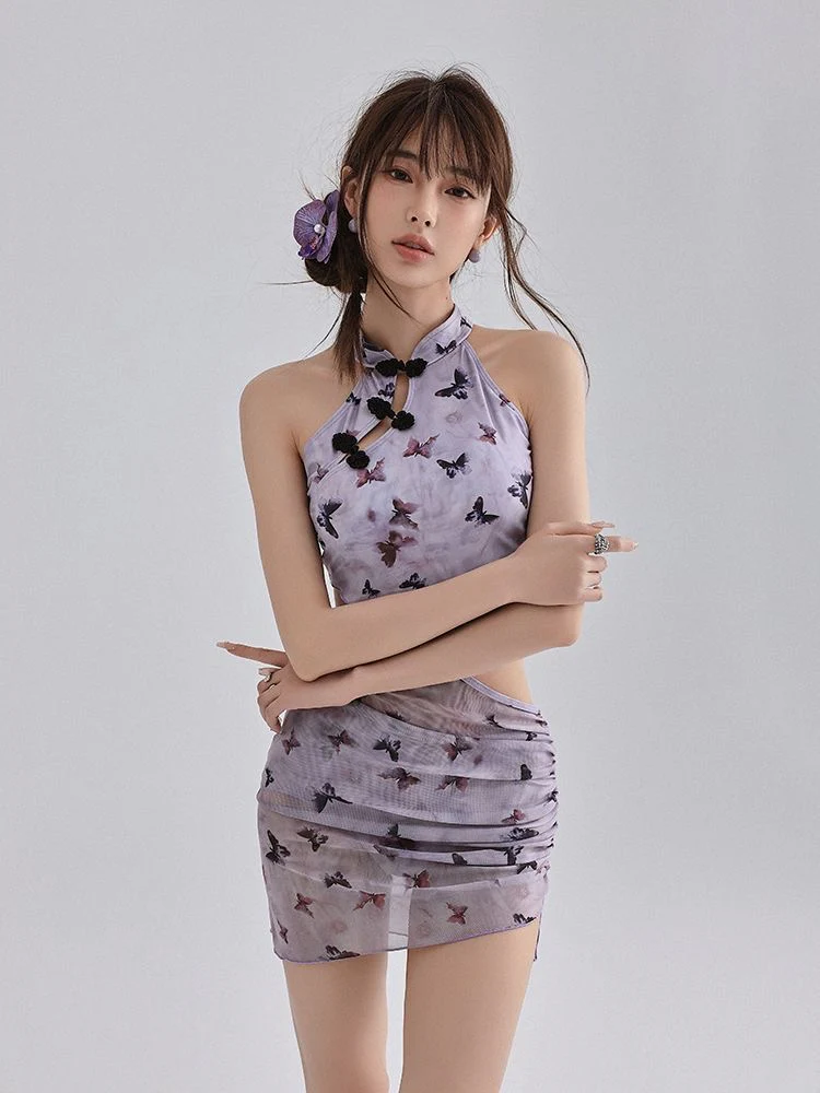 Violet Cheongsam-Style Butterfly Bikini Three-Piece Set - Image 6