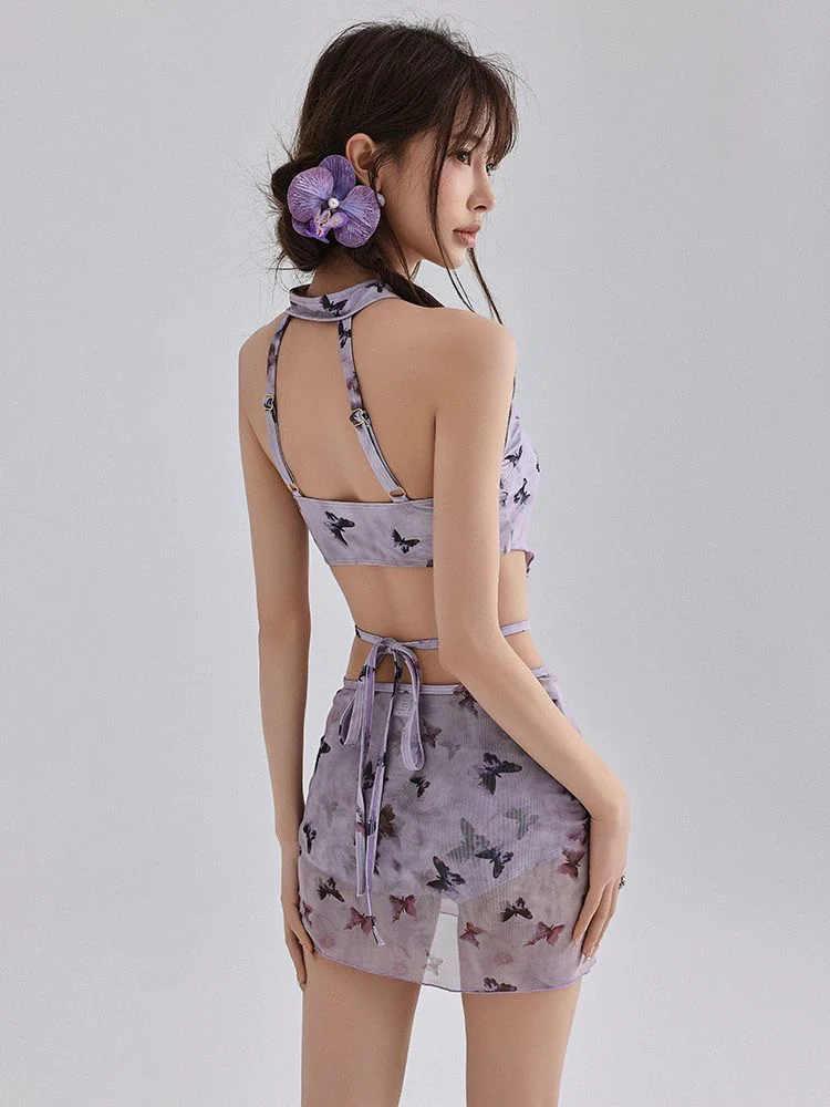 Violet Cheongsam-Style Butterfly Bikini Three-Piece Set - Image 7