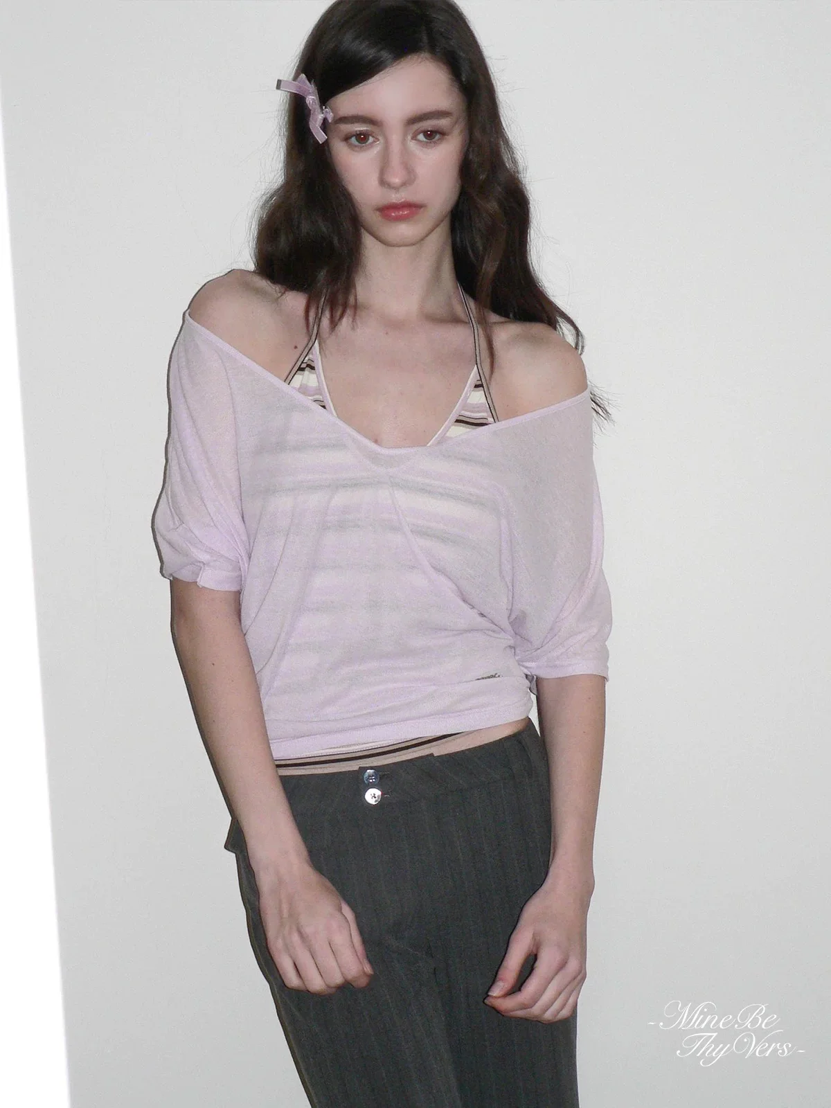 Purple Striped V-Neck Tie Spaghetti Strap Cami with Relaxed Deep V Sheer Cover-up Top - Image 3