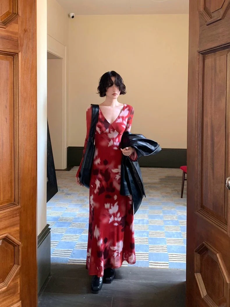 Red Floral Sheer Long-Sleeve Maxi Dress - Image 2