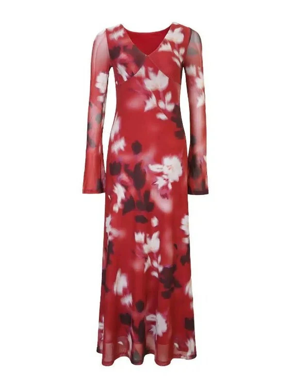 Red Floral Sheer Long-Sleeve Maxi Dress - Image 5