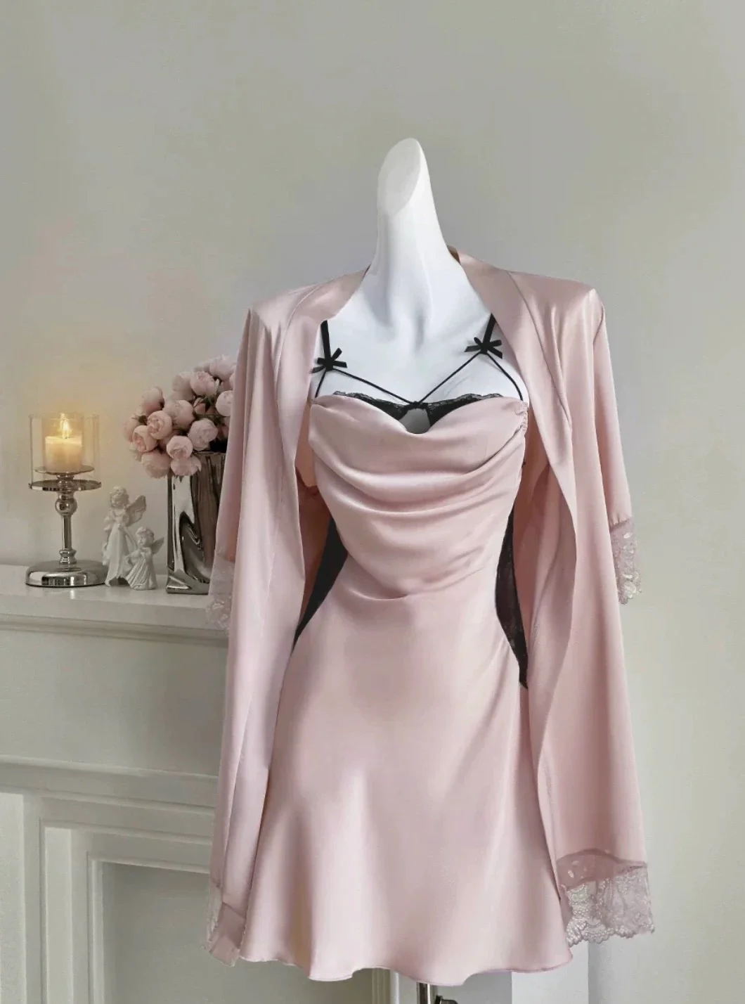 Rozen Maiden Dark Coquette Black Pink Satin Nightgown - Romantic Gothic Aesthetic Slip Dress - Image 3
