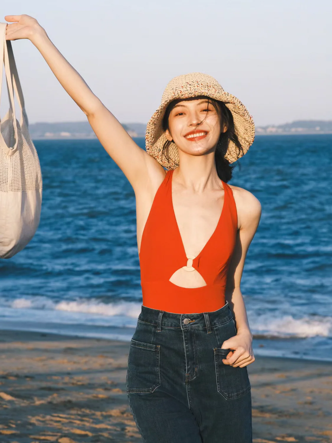 Scarlet Gold-Ring Backless One-Piece Swimsuit - Image 2
