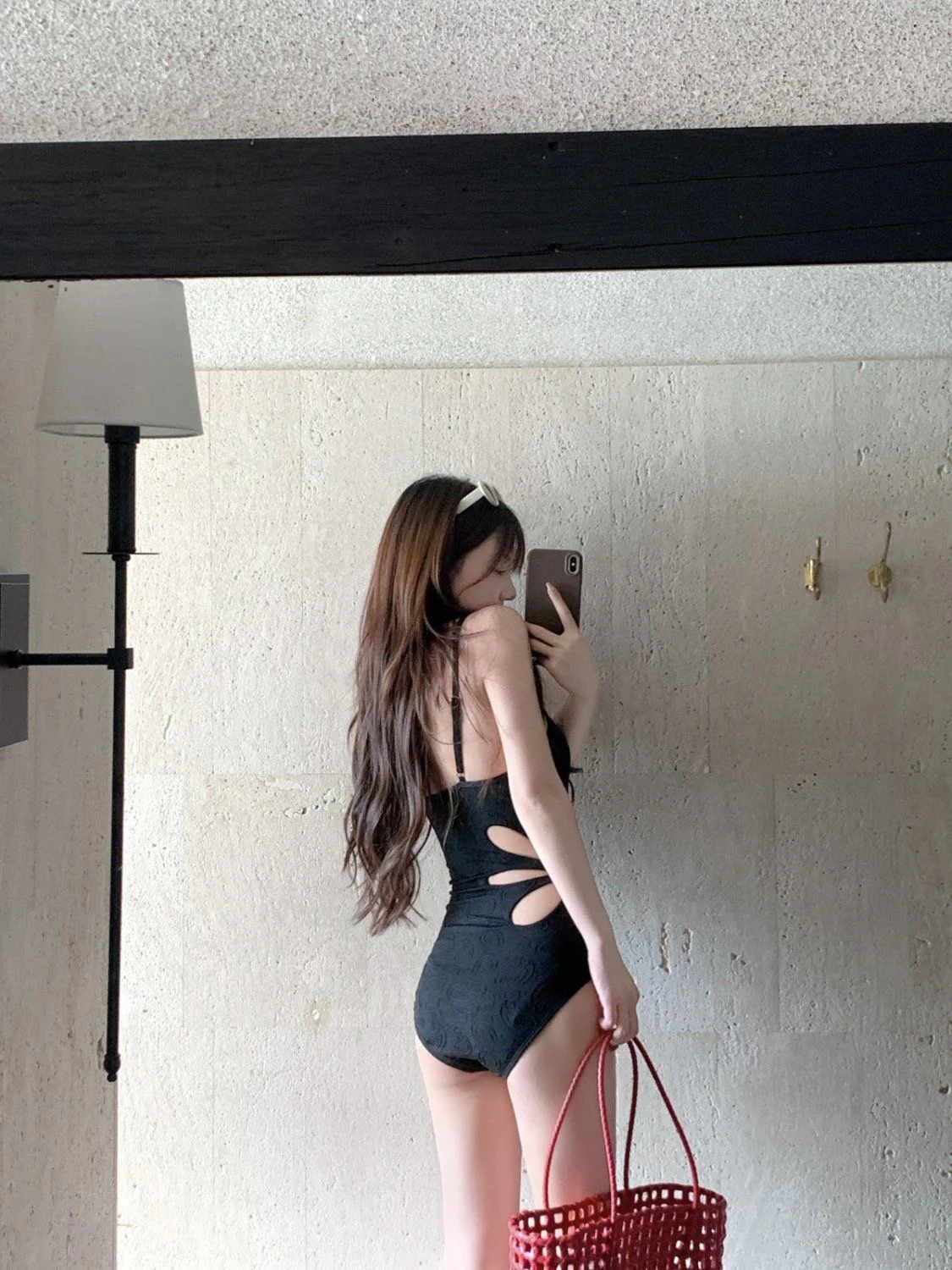 Textured Cut-Out One Piece Swimsuit | Women's Black Jacquard Spaghetti Strap Bodysuit | Sexy Midriff Hollow Swimwear - Image 3