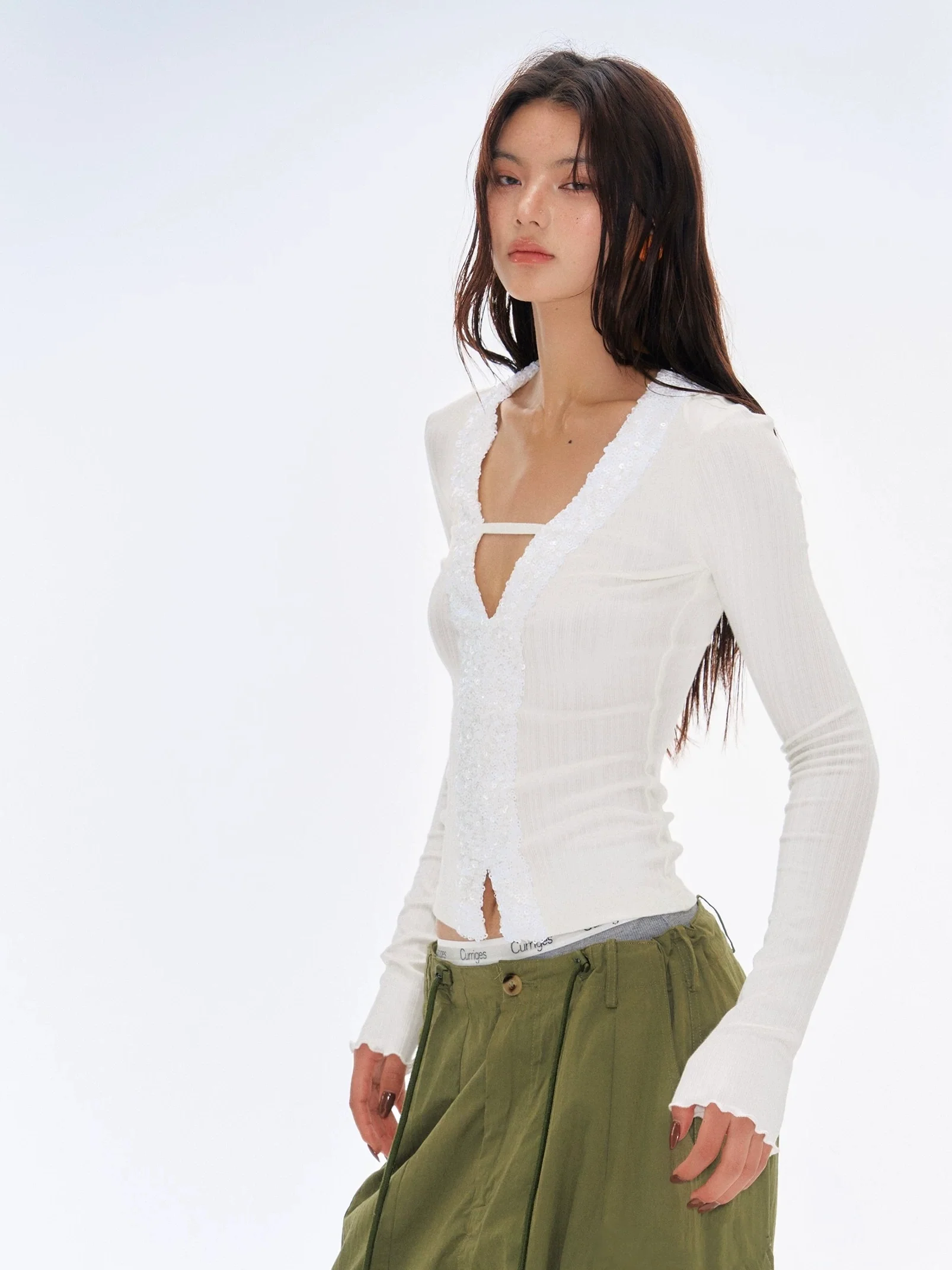 Sexy Chic Slim Fit Sequin-Embellished Patchwork Knit Long Sleeve Top - Image 3
