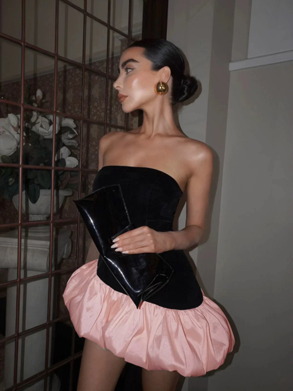 Sexy Y2K Style Patchwork Irregular Satin Pink Puffy Bustier Dress