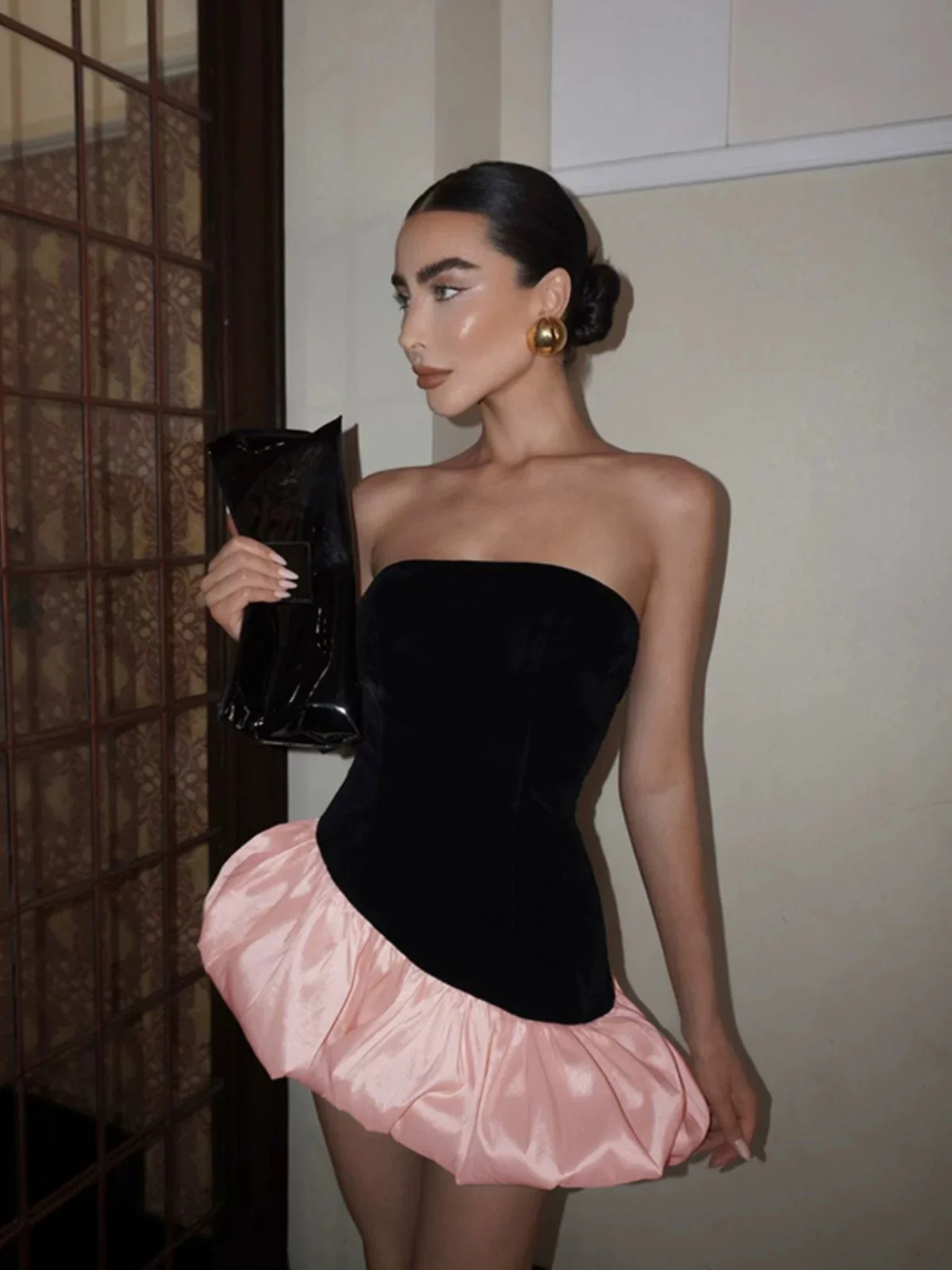 Sexy Y2K Style Patchwork Irregular Satin Pink Puffy Bustier Dress - Image 2