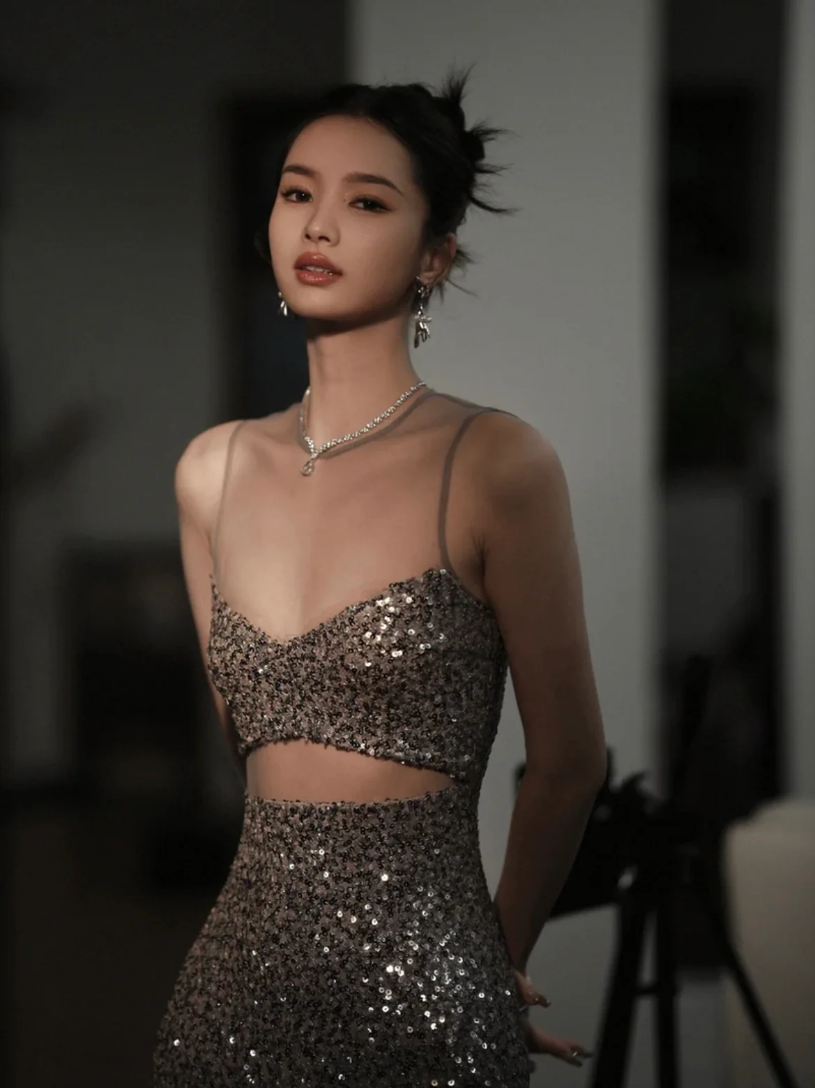 Silver Sequined Cutout Dress - Image 3