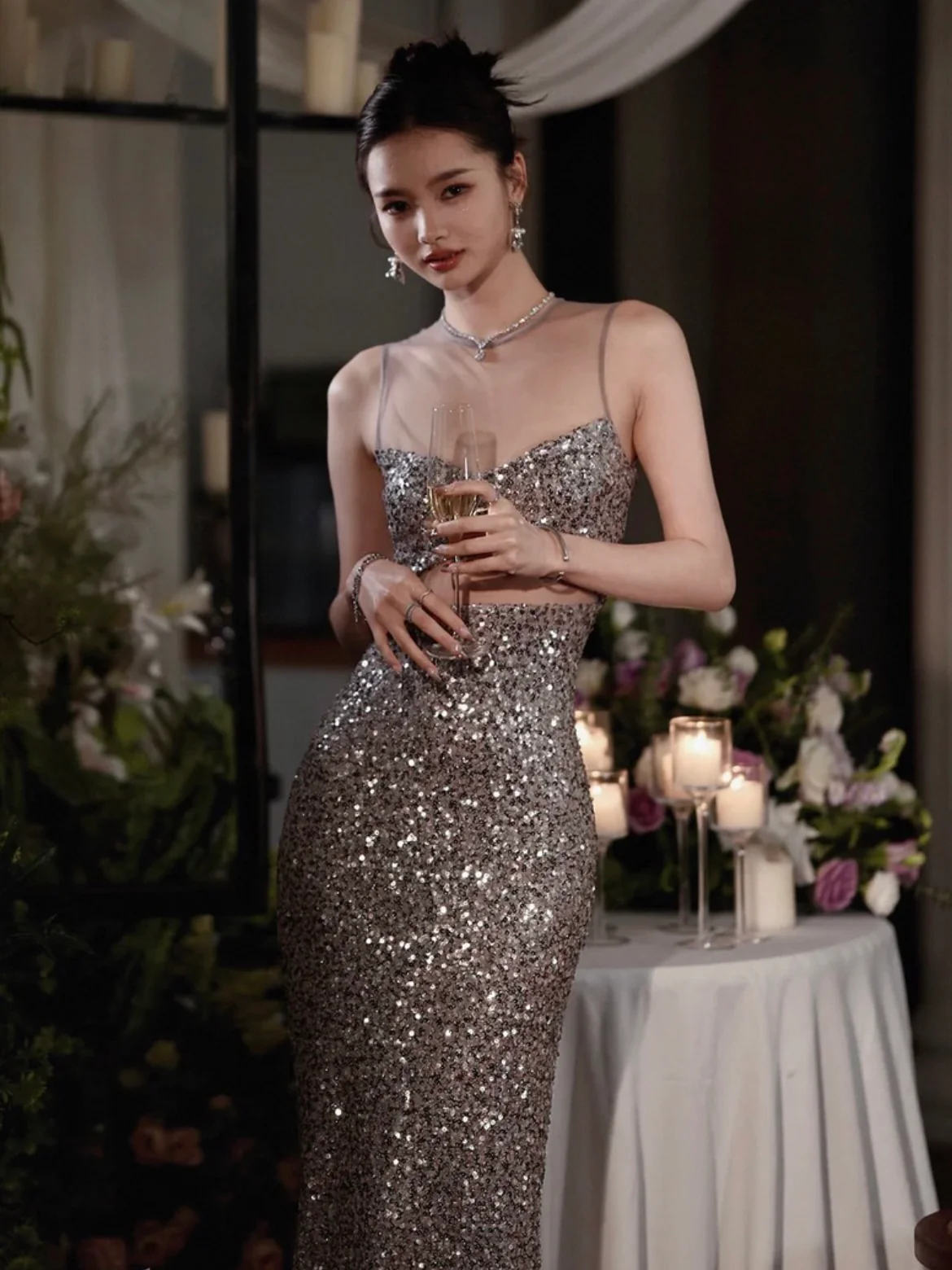 Silver Sequined Cutout Dress - Image 5