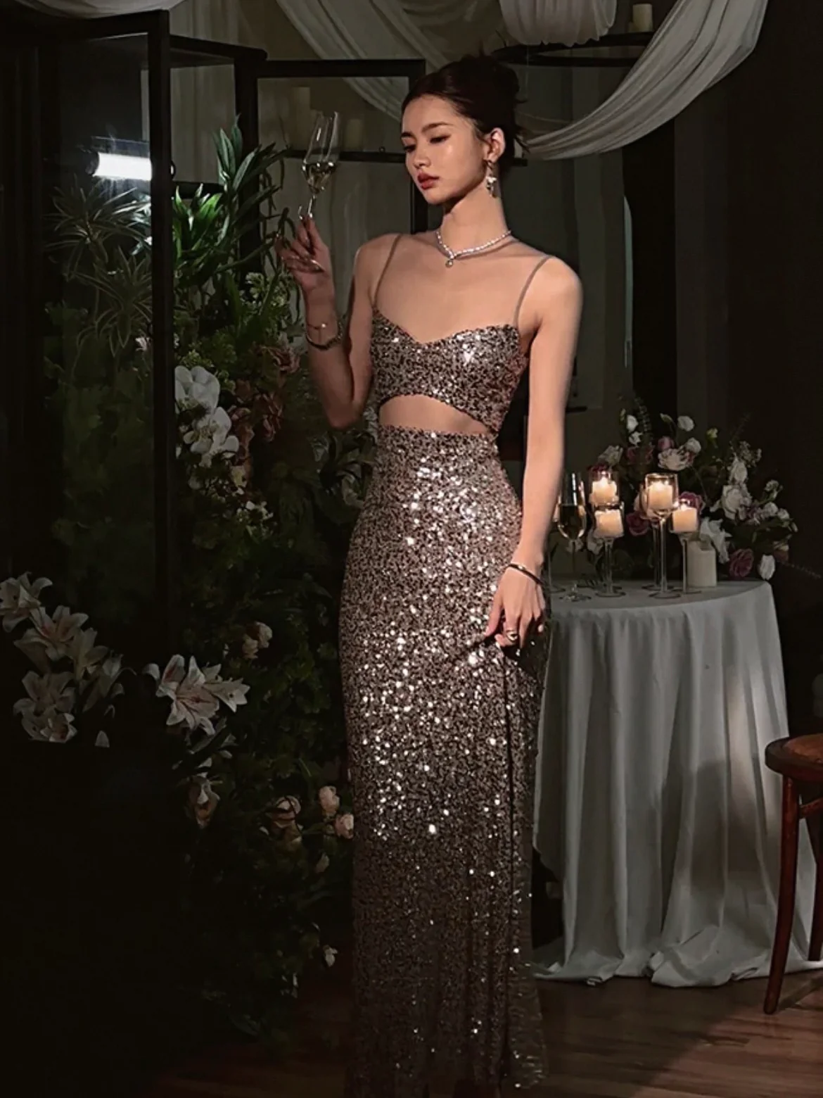 Silver Sequined Cutout Dress - Image 6