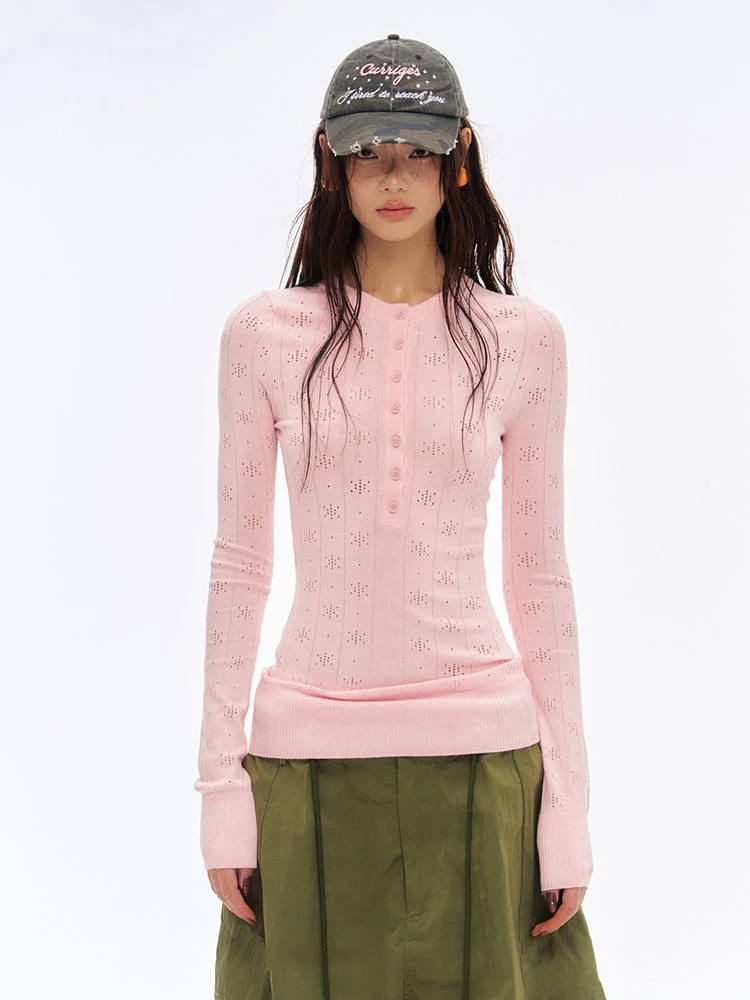 Soft Pink Hollow-Out Knitted Henley Long-Sleeve Top - Image 3