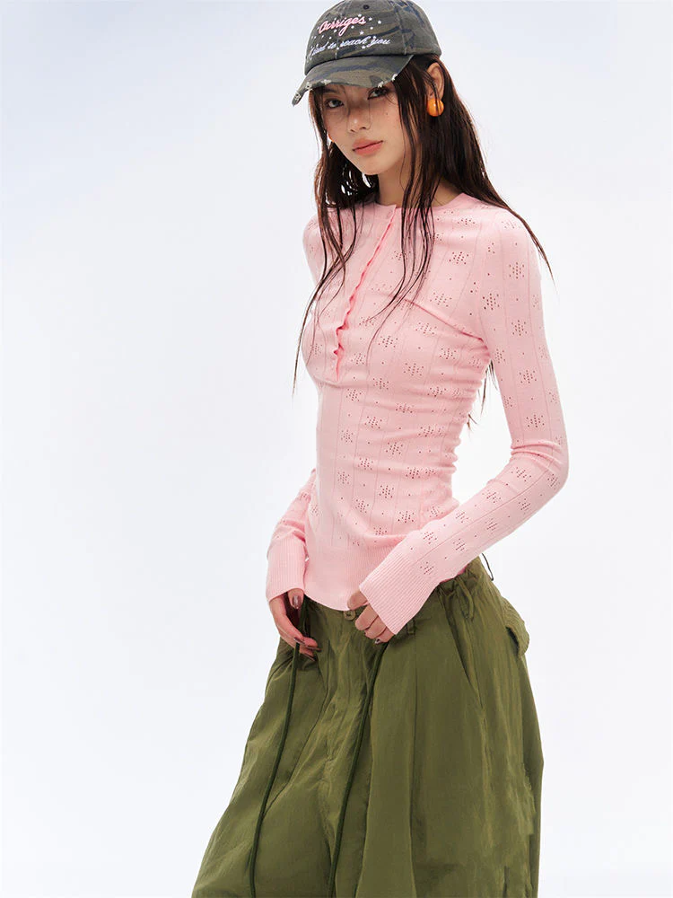 Soft Pink Hollow-Out Knitted Henley Long-Sleeve Top - Image 4