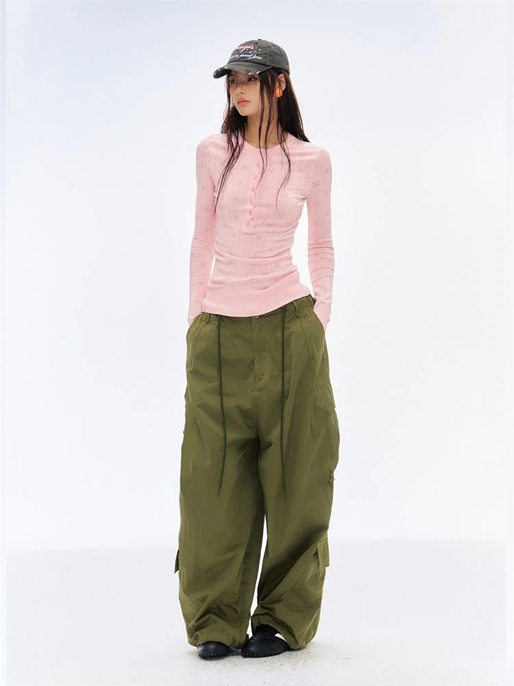 Soft Pink Hollow-Out Knitted Henley Long-Sleeve Top - Image 5