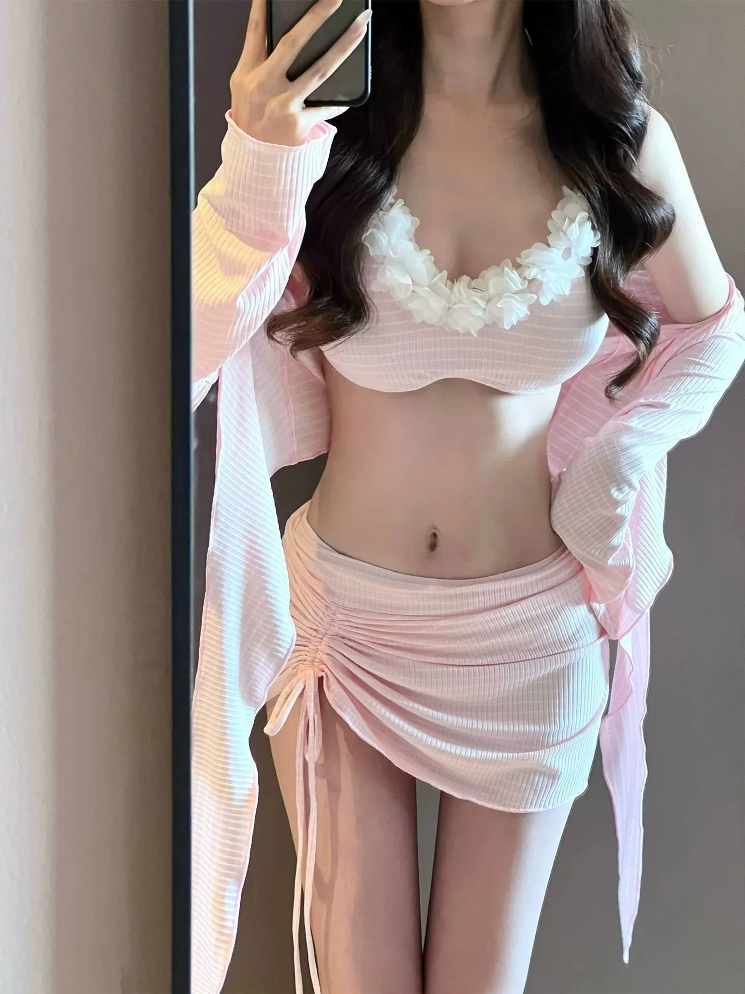Soft Pink Ruched Tie Front Long Sleeve Crop Top with Mini Skirt Set - Image 3