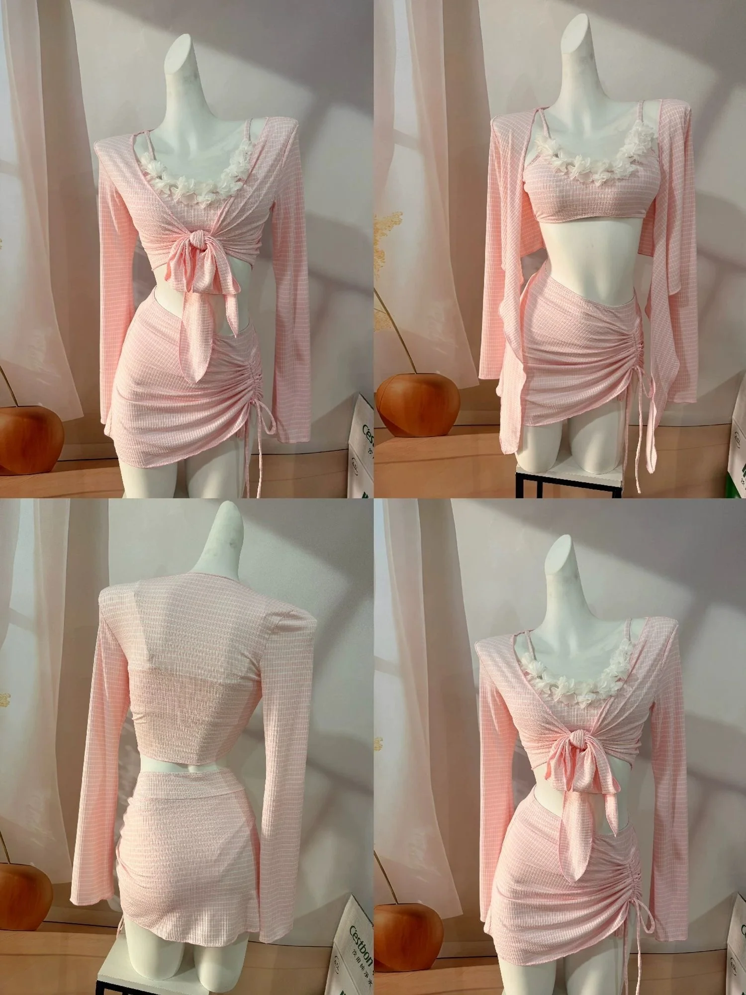 Soft Pink Ruched Tie Front Long Sleeve Crop Top with Mini Skirt Set - Image 5