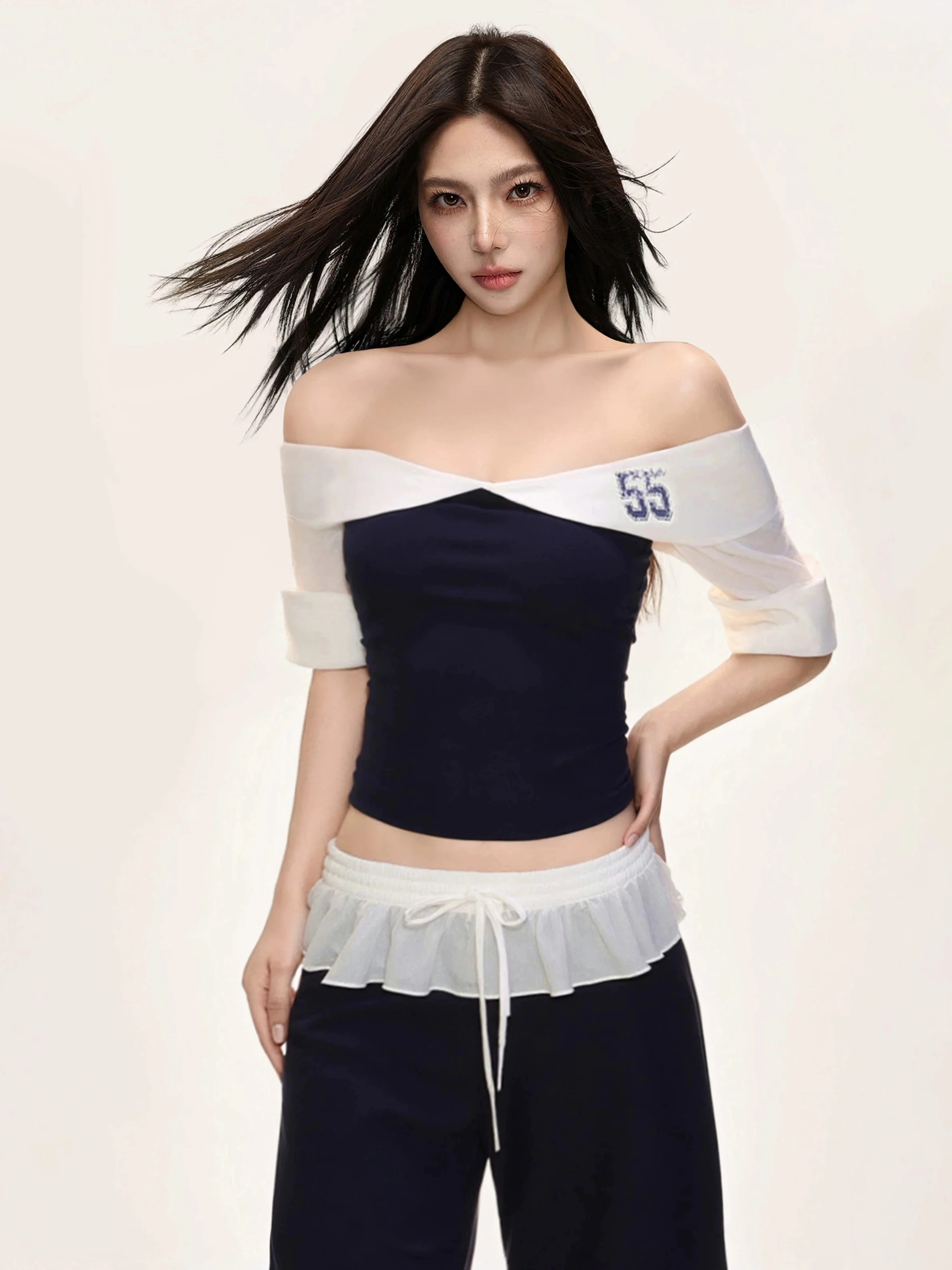 Sporty Sweetheart Off-Shoulder Top with Ruffle Trim & Curved-Hem Colorblock Pants - Image 3