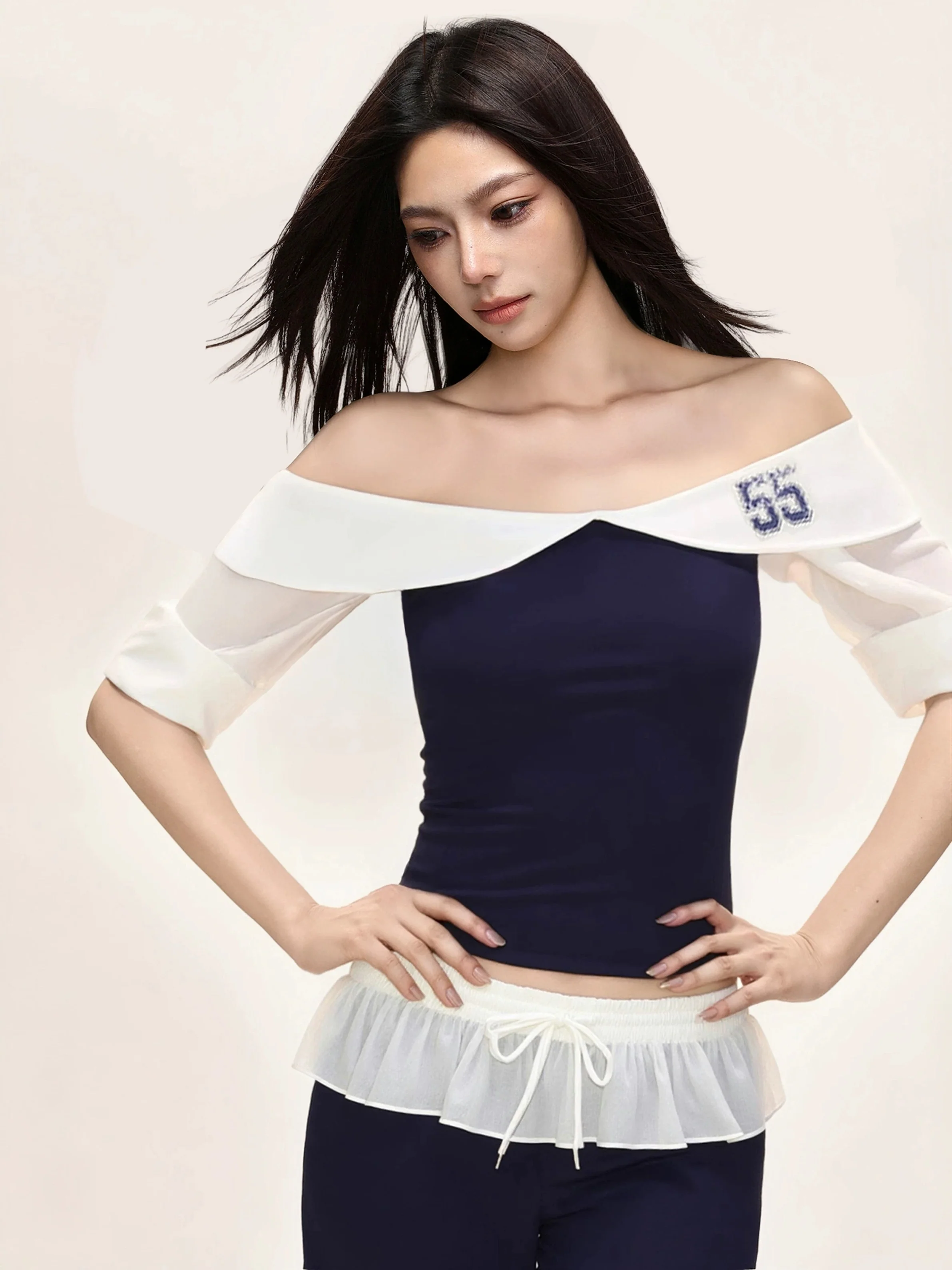 Sporty Sweetheart Off-Shoulder Top with Ruffle Trim & Curved-Hem Colorblock Pants - Image 5