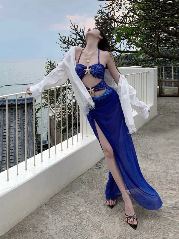 Starfish Sequin Cutout Swimdress – Ocean Blue - Image 4