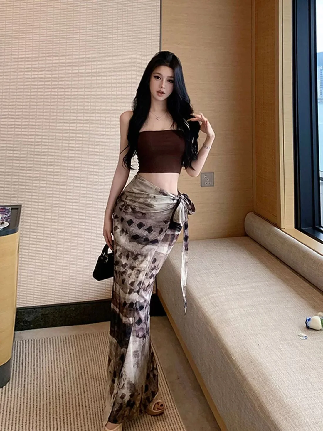 Strapless Crop Top with Sheer Printed Wrap Maxi Skirt Resort Set - Image 3