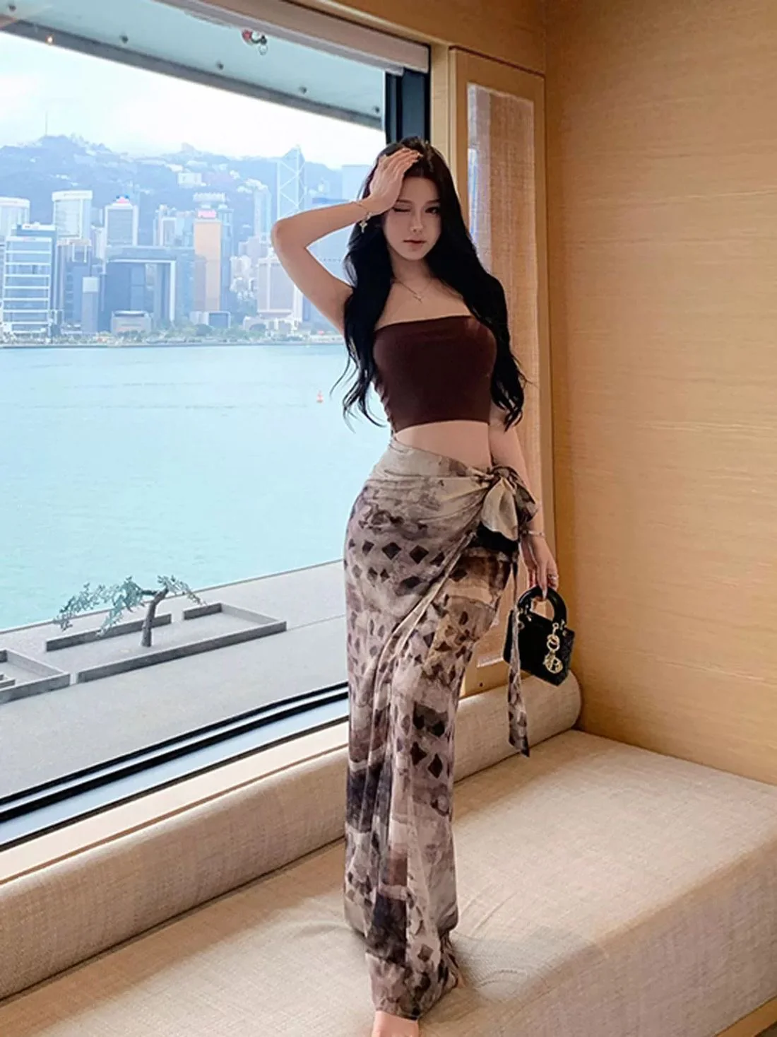 Strapless Crop Top with Sheer Printed Wrap Maxi Skirt Resort Set - Image 4