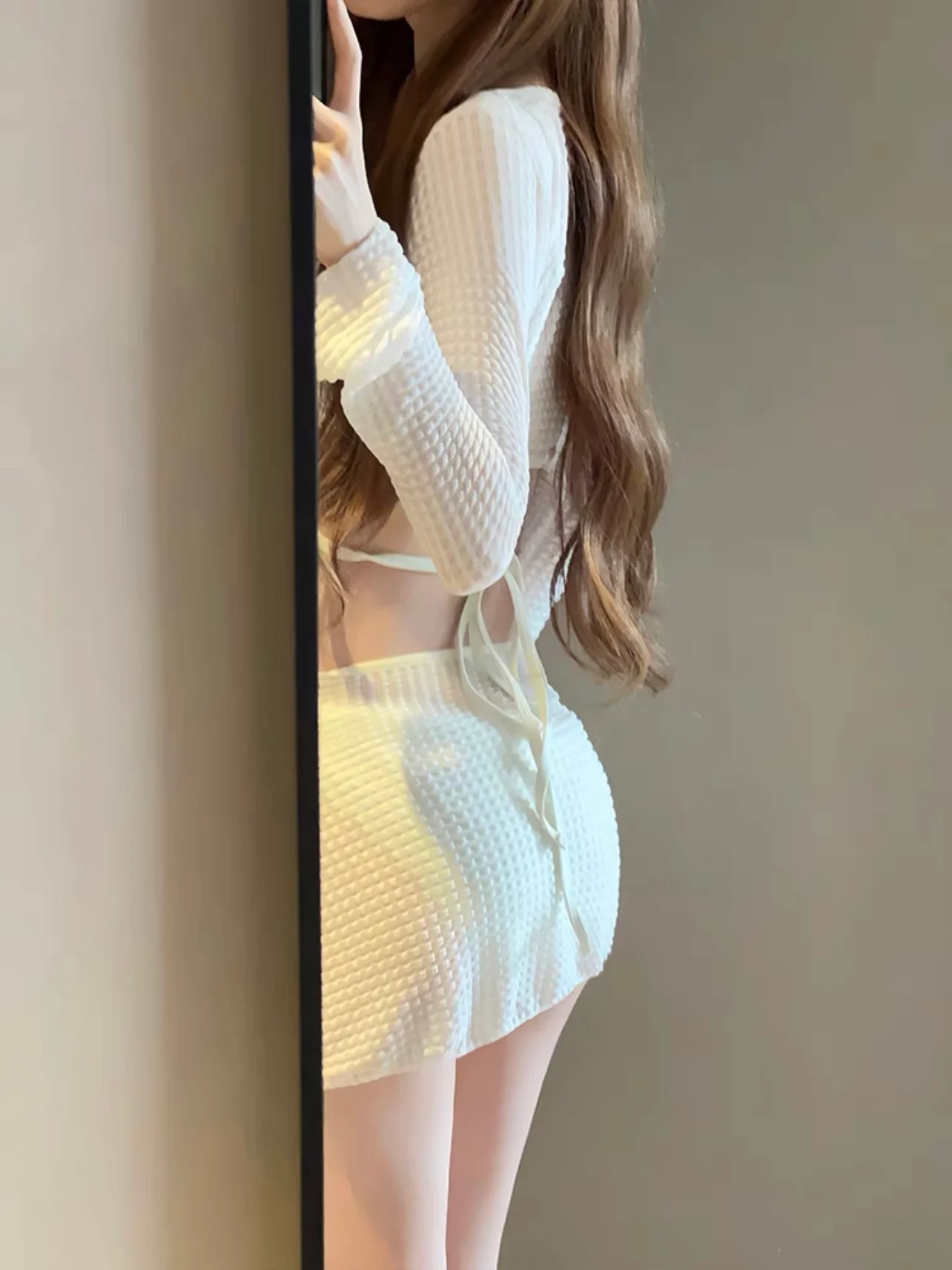 White Mesh 3-Piece Bikini Cover Up Set - Long Sleeve Crop Top & Drawstring Mini Sarong Skirt | Sexy Beach Club & Festival Outfit - Image 4