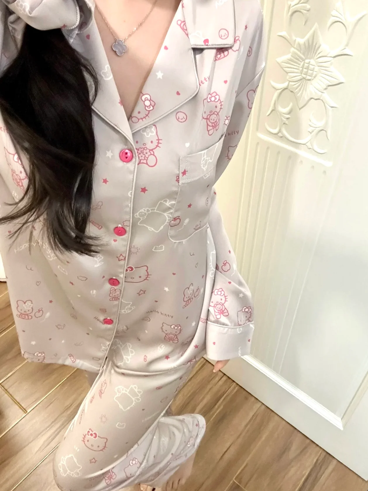 Sweet Cool Silver Pink Kitty Satin Pajama Set - Metallic Y2K Aesthetic Liquid Silk-Satin Loungewear