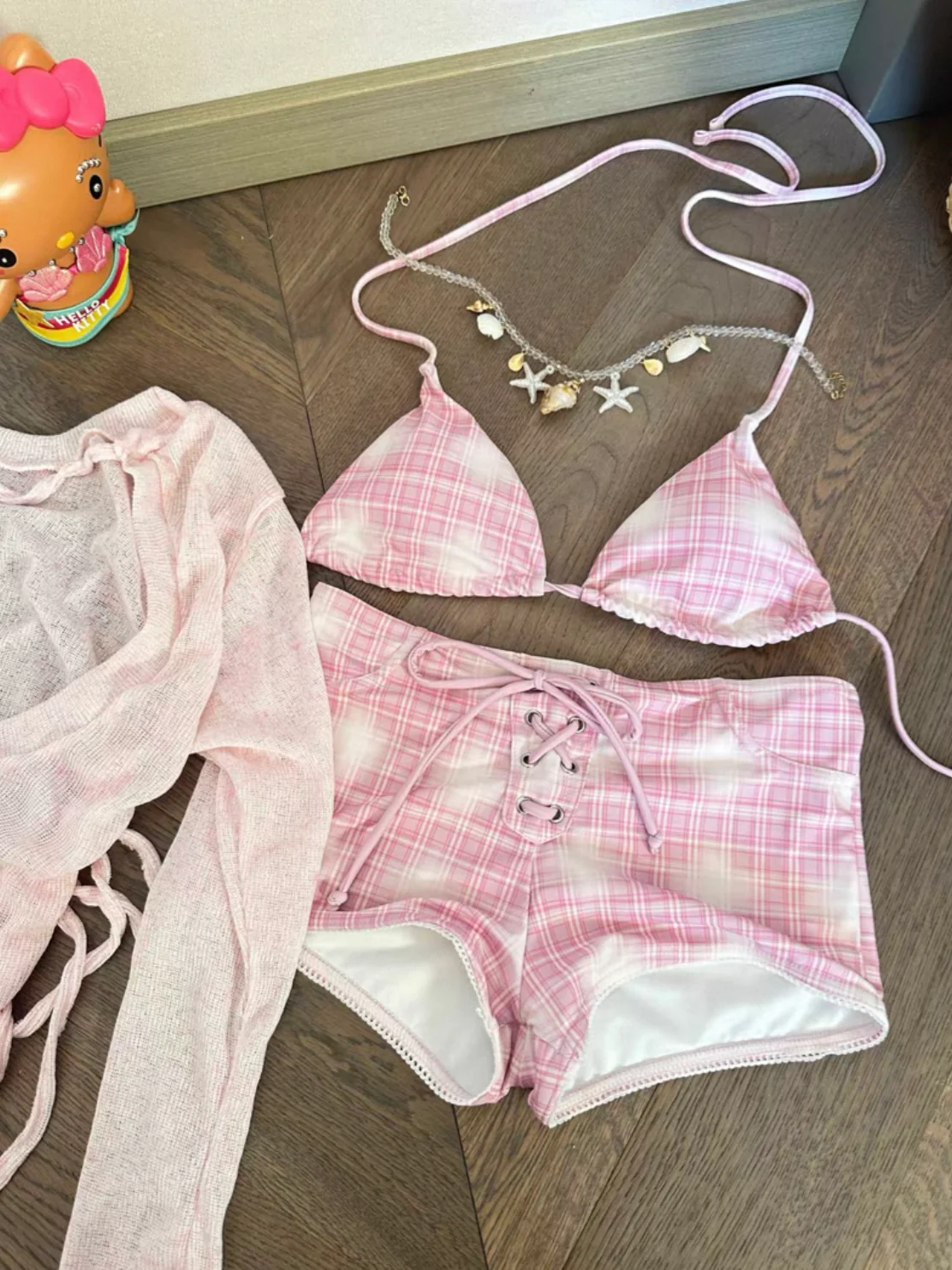 Sweet Pink Check Bikini Set (3-Piece) - Image 5