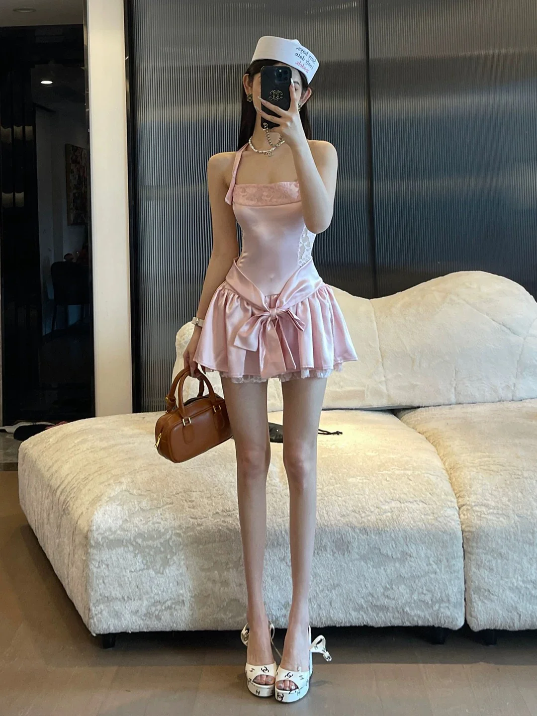 Sweetheart Sakura Pink Lace Bow Mini Dress - Image 2