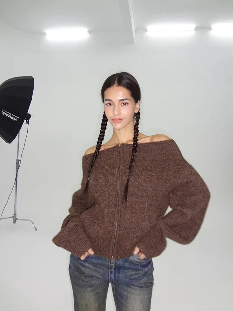 The Molten Lava - Dark-brown Off-shoulder Sweater - Image 4